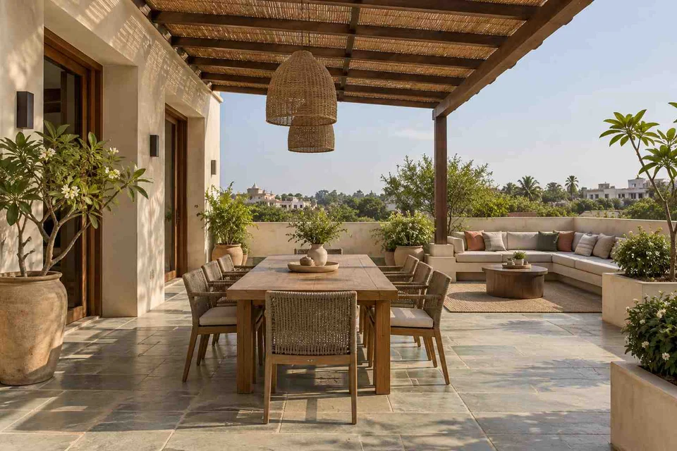 AI-generated outdoor concept: terrace dining and lounge, courtyard modern direction