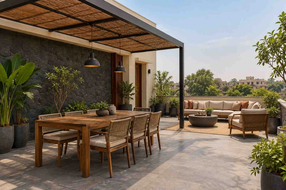 AI-generated outdoor concept: terrace dining and lounge, deccan stone direction