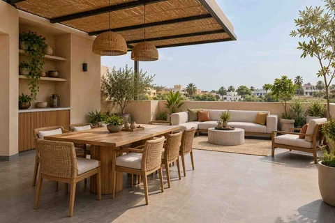AI-generated outdoor concept: terrace dining and lounge, earth and bamboo direction
