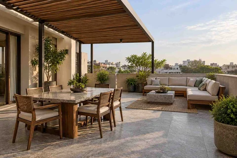 AI-generated outdoor concept: terrace dining and lounge, granite precision direction
