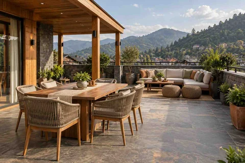 AI-generated outdoor concept: terrace dining and lounge, hill timber direction