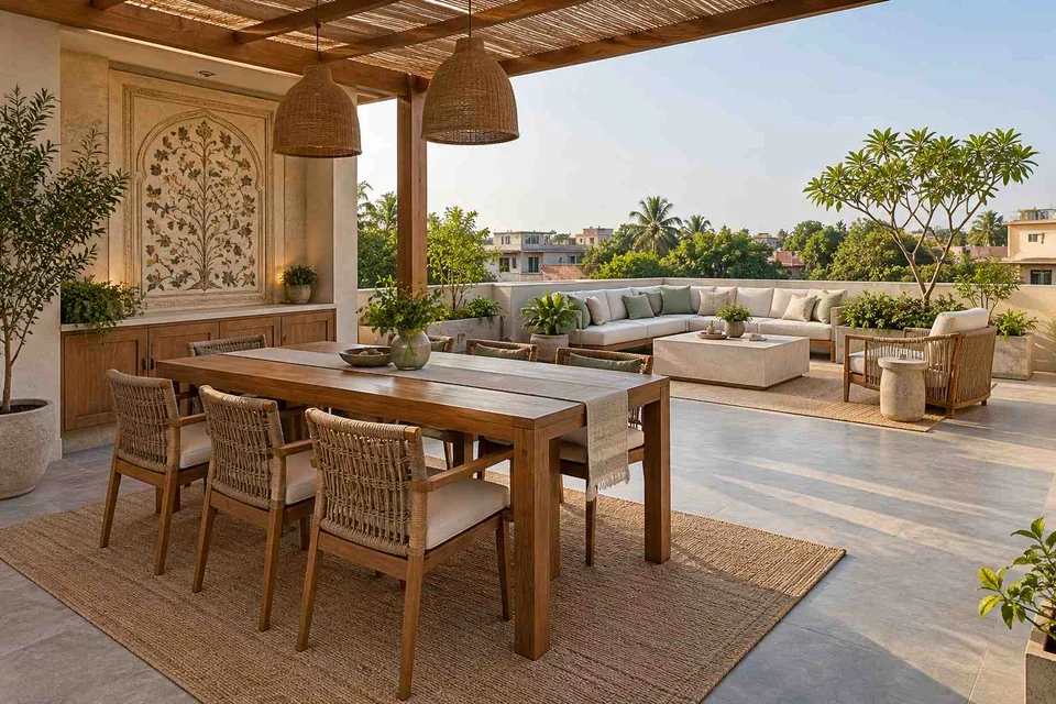 AI-generated outdoor concept: terrace dining and lounge, inlay atelier direction