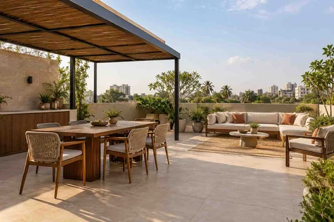 AI-generated outdoor concept: terrace dining and lounge, lime and walnut direction