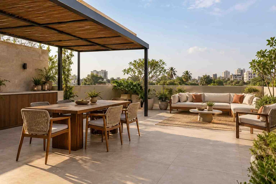 AI-generated outdoor concept: terrace dining and lounge, lime and walnut direction