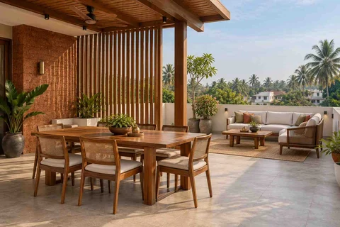 AI-generated outdoor concept: terrace dining and lounge, malabar timber direction