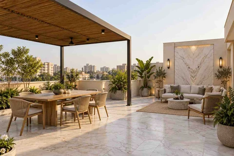 AI-generated outdoor concept: terrace dining and lounge, marble restraint direction