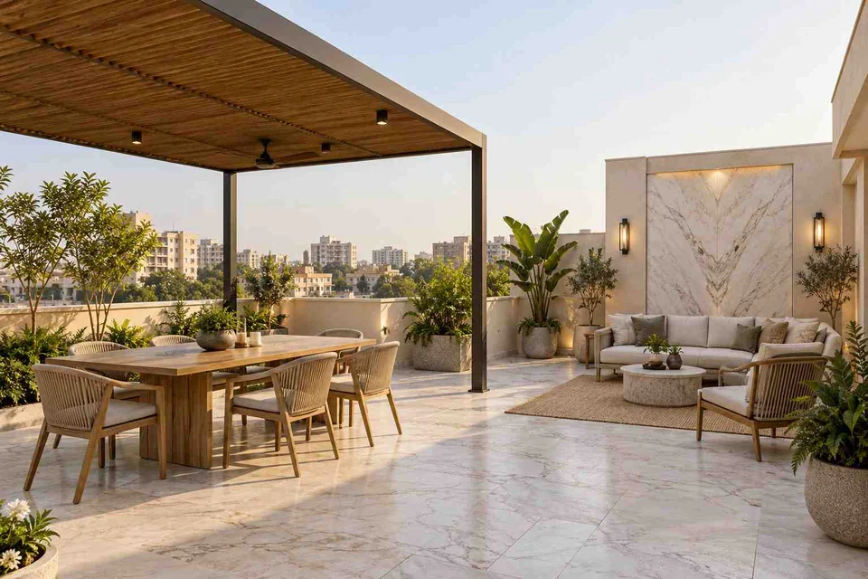 AI-generated outdoor concept: terrace dining and lounge, marble restraint direction