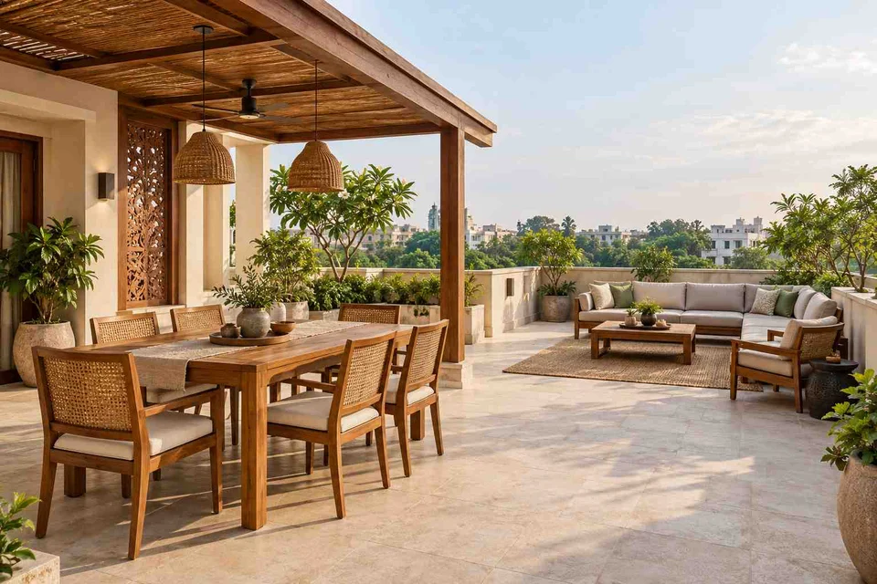 AI-generated outdoor concept: terrace dining and lounge, modern carved direction
