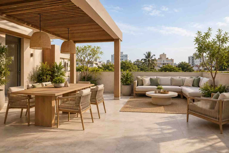 AI-generated outdoor concept: terrace dining and lounge, quiet contemporary direction