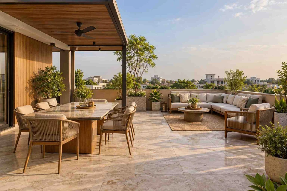 AI-generated outdoor concept: terrace dining and lounge, quiet transitional direction