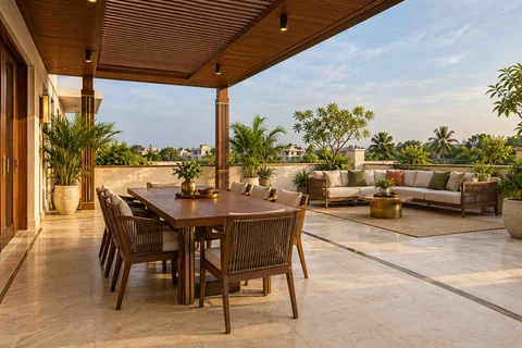 AI-generated outdoor concept: terrace dining and lounge, rosewood brass direction