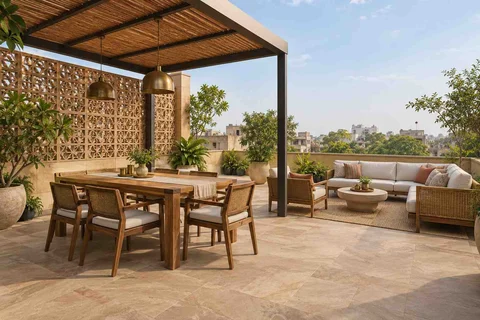 AI-generated outdoor concept: terrace dining and lounge, sandstone lattice direction