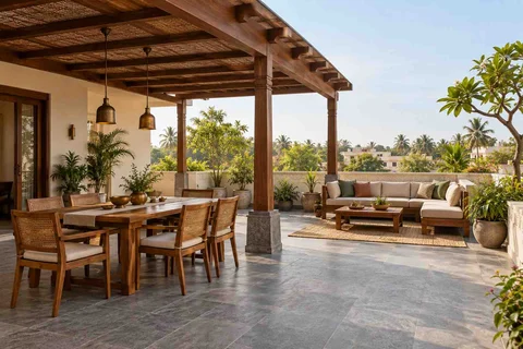 AI-generated outdoor concept: terrace dining and lounge, teak craft direction