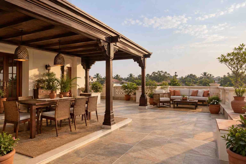 AI-generated outdoor concept: terrace dining and lounge, terracotta heritage direction
