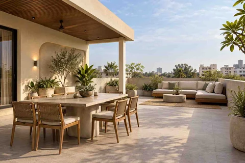 AI-generated outdoor concept: terrace dining and lounge, textured mineral direction