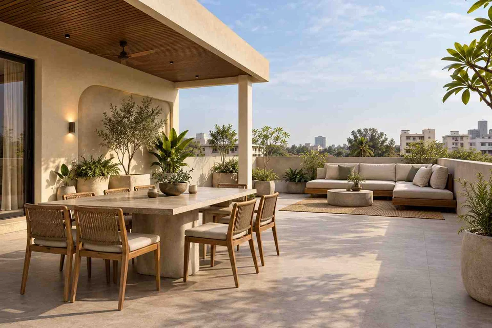 AI-generated outdoor concept: terrace dining and lounge, textured mineral direction