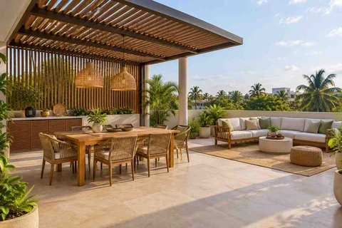 AI-generated outdoor concept: terrace dining and lounge, tropical slatted direction