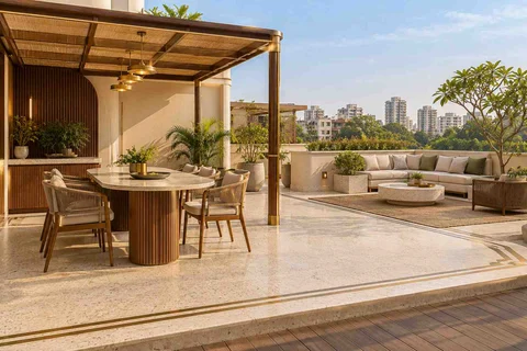 AI-generated outdoor concept: terrace dining and lounge, urban deco direction