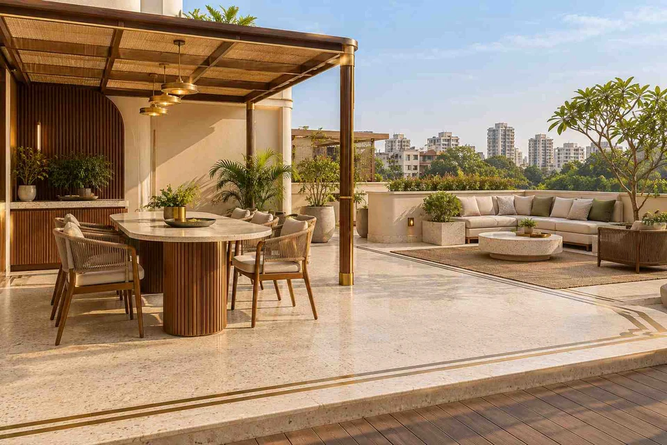 AI-generated outdoor concept: terrace dining and lounge, urban deco direction