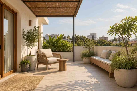 AI-generated outdoor concept: terrace reading garden, ash and linen direction