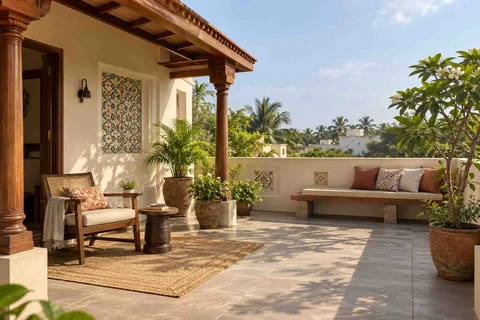 AI-generated outdoor concept: terrace reading garden, chettinad tile direction