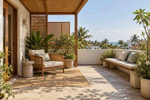 AI-generated outdoor concept: terrace reading garden, coastal woven direction
