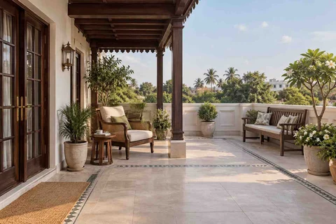 AI-generated outdoor concept: terrace reading garden, colonial quiet direction