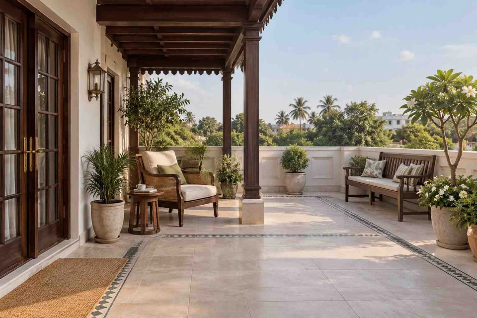 AI-generated outdoor concept: terrace reading garden, colonial quiet direction