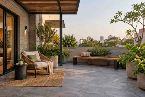 AI-generated outdoor concept: terrace reading garden, concrete and oak direction