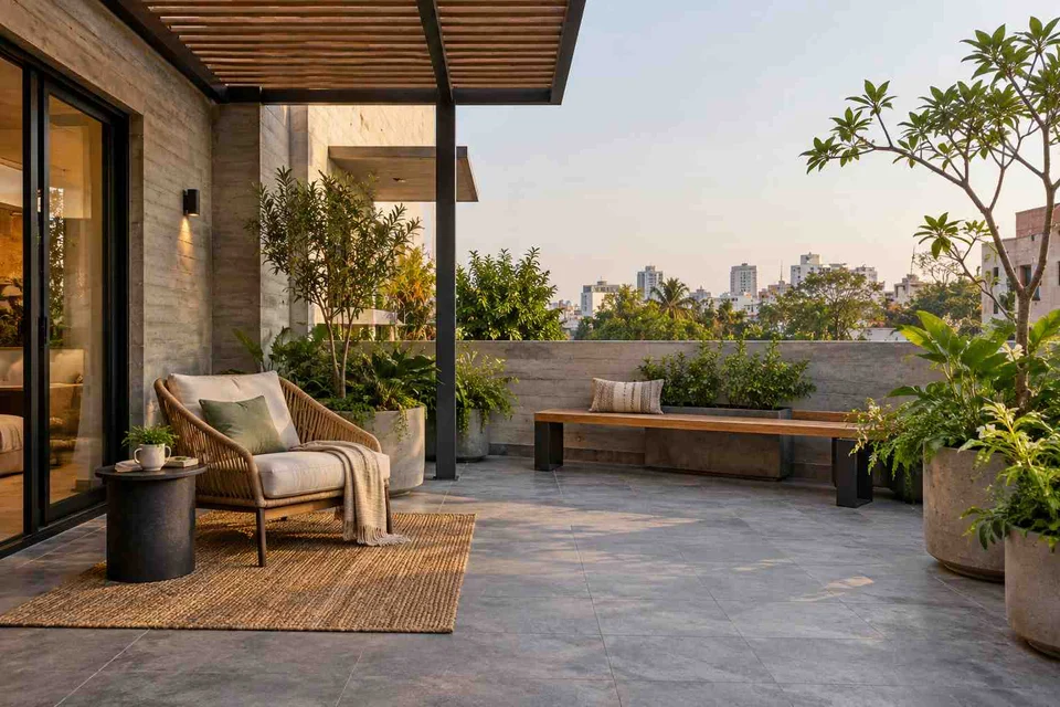 AI-generated outdoor concept: terrace reading garden, concrete and oak direction