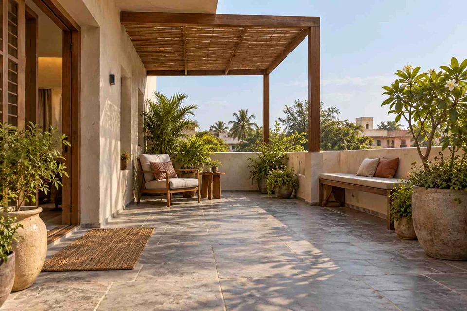 AI-generated outdoor concept: terrace reading garden, courtyard modern direction