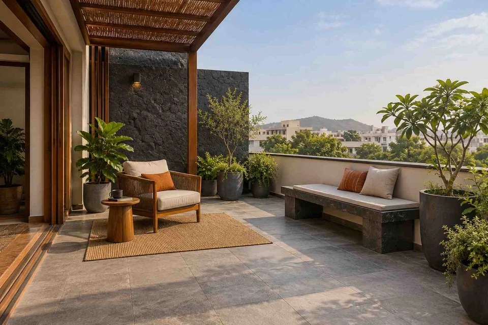 AI-generated outdoor concept: terrace reading garden, deccan stone direction
