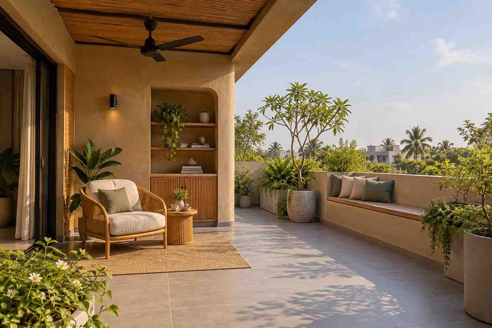 AI-generated outdoor concept: terrace reading garden, earth and bamboo direction