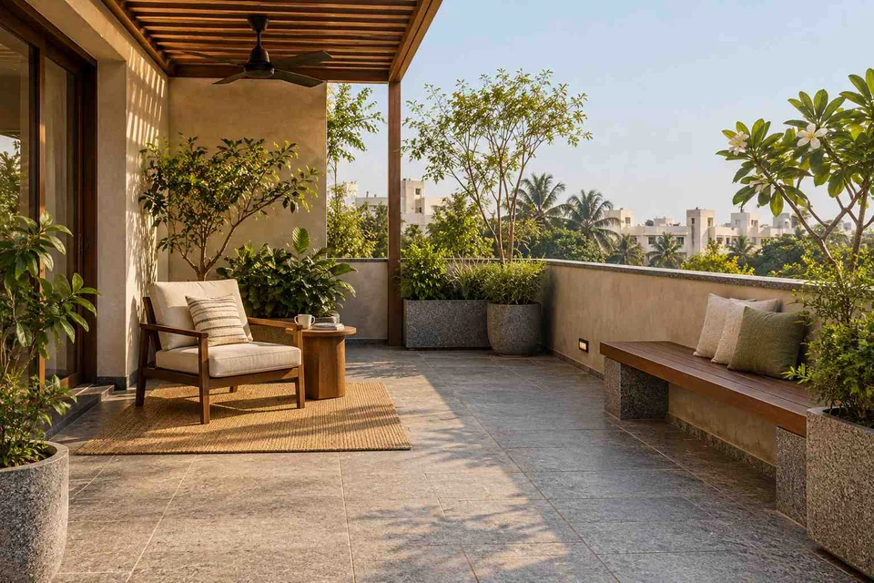 AI-generated outdoor concept: terrace reading garden, granite precision direction
