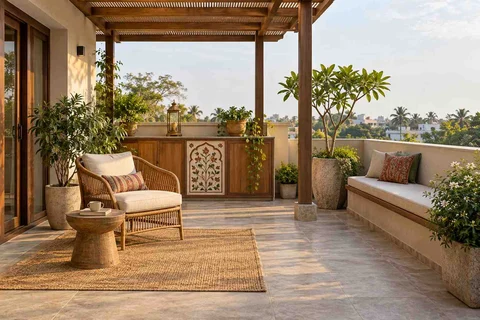 AI-generated outdoor concept: terrace reading garden, inlay atelier direction