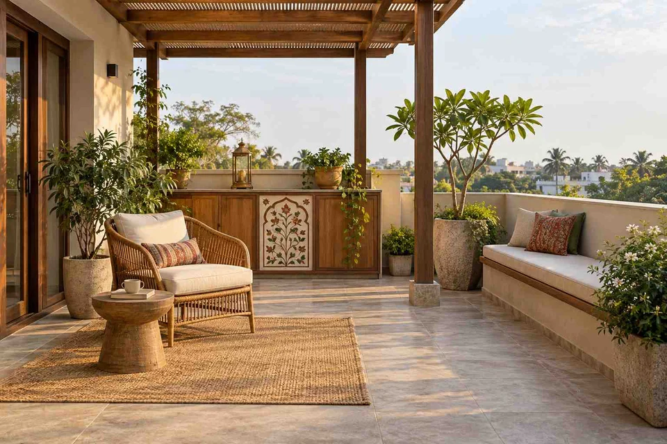 AI-generated outdoor concept: terrace reading garden, inlay atelier direction
