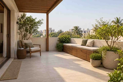 AI-generated outdoor concept: terrace reading garden, lime and walnut direction