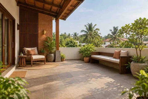 AI-generated outdoor concept: terrace reading garden, malabar timber direction