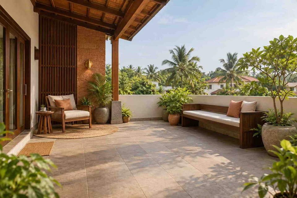 AI-generated outdoor concept: terrace reading garden, malabar timber direction