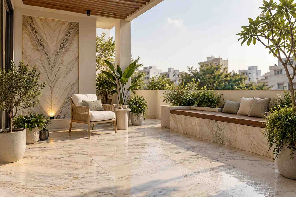 AI-generated outdoor concept: terrace reading garden, marble restraint direction
