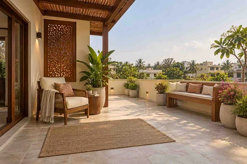 AI-generated outdoor concept: terrace reading garden, modern carved direction