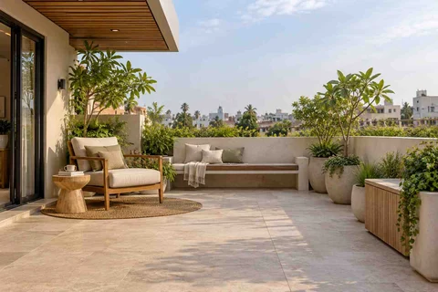 AI-generated outdoor concept: terrace reading garden, quiet contemporary direction