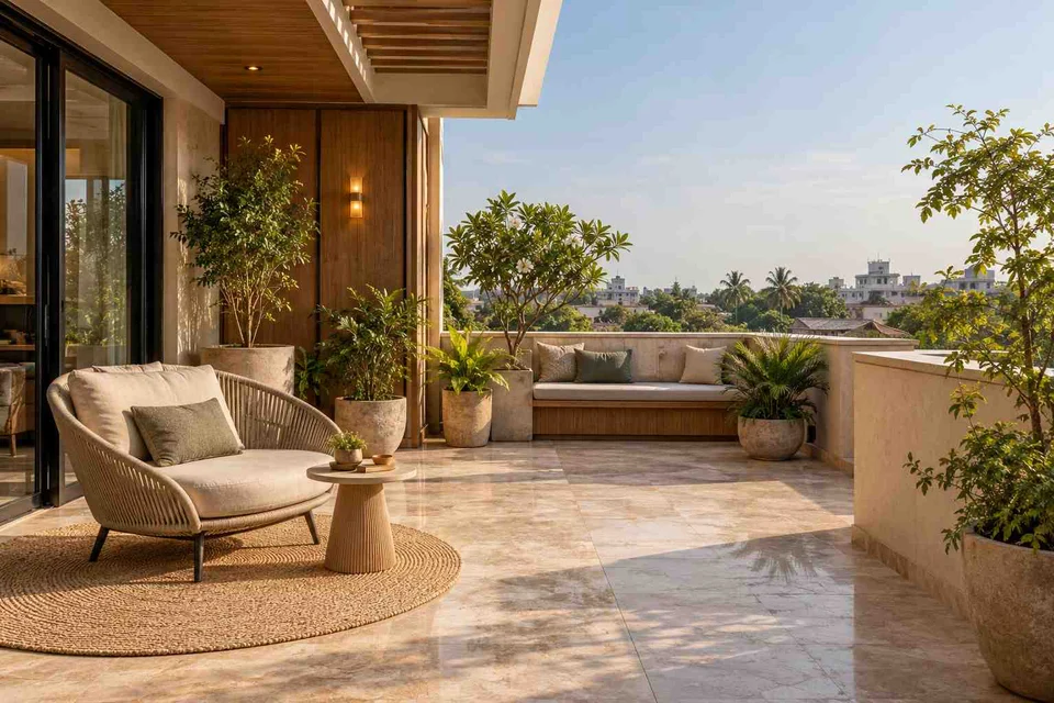 AI-generated outdoor concept: terrace reading garden, quiet transitional direction