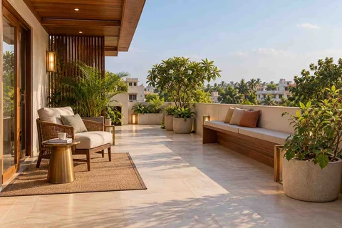 AI-generated outdoor concept: terrace reading garden, rosewood brass direction