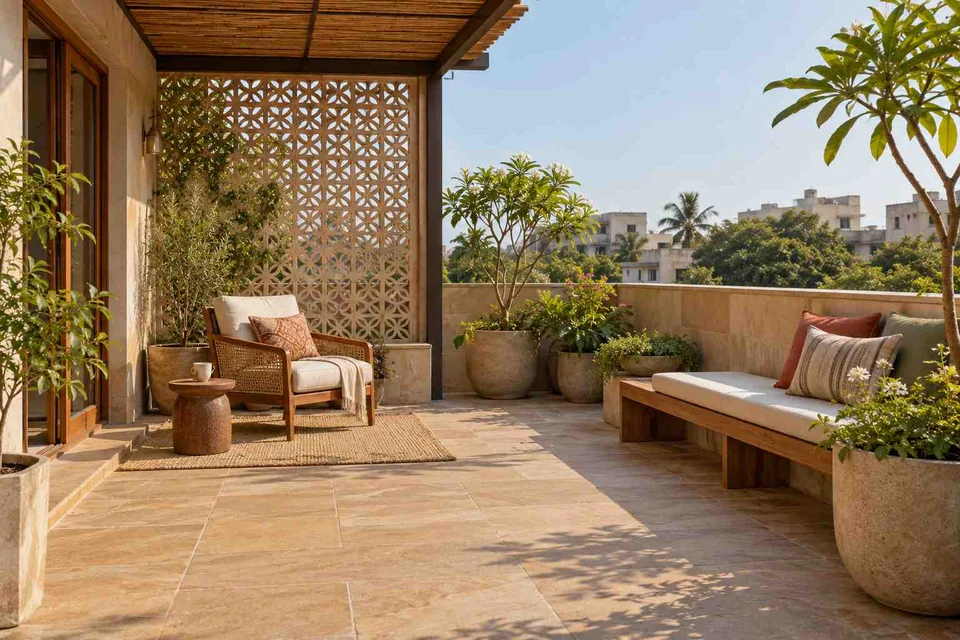 AI-generated outdoor concept: terrace reading garden, sandstone lattice direction