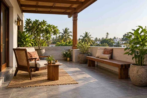AI-generated outdoor concept: terrace reading garden, teak craft direction