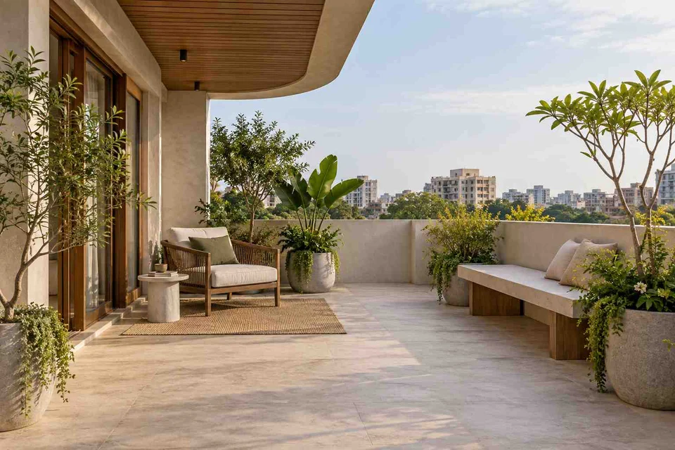 AI-generated outdoor concept: terrace reading garden, textured mineral direction