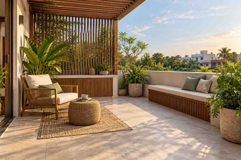 AI-generated outdoor concept: terrace reading garden, tropical slatted direction