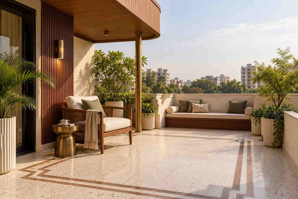 AI-generated outdoor concept: terrace reading garden, urban deco direction