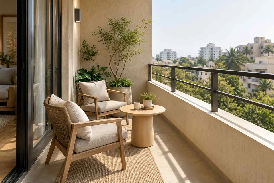 AI-generated outdoor concept: two-chair balcony, ash and linen direction